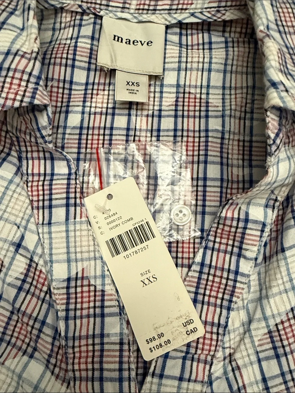 Maeve White Plaid Dog Puff-Sleeve Button Front Blouse